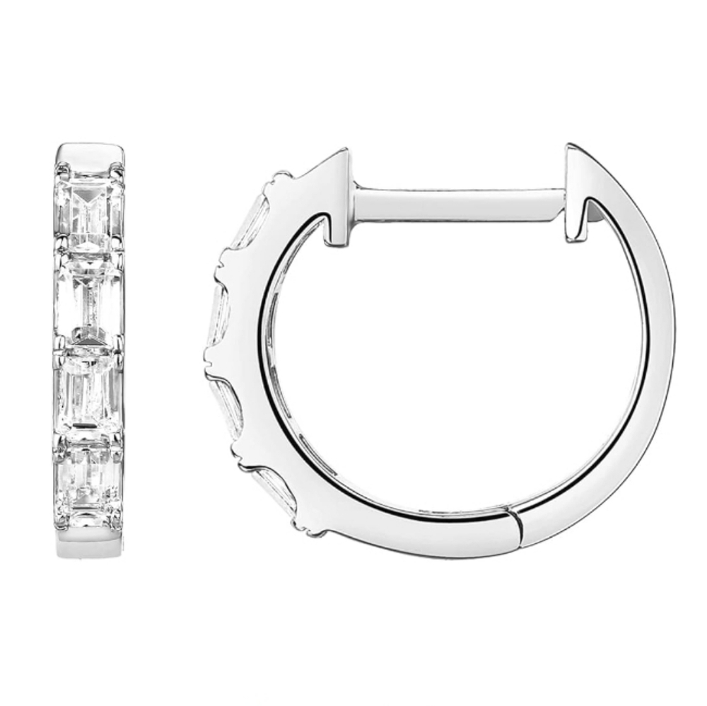 14K White Gold Plated Pave CZ Huggie Hoop Baguette Earrings